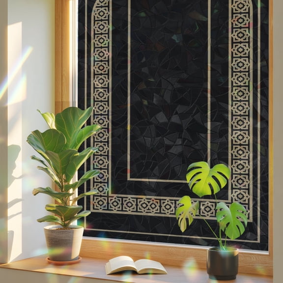 Double Arches Window Privacy Film, Minimalist Gold Black Ornate Frame Stained Glass Rainbow Film Decorative Window Clings, Static Cling Sun Blocking Stickers 17.7" x 39.3"
