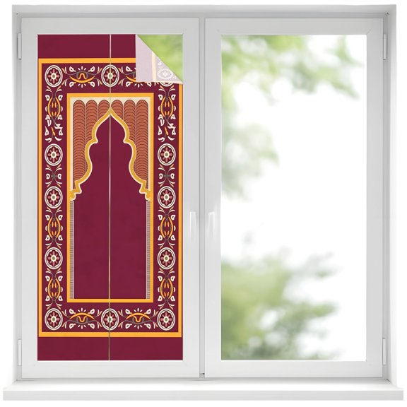 Double Arches Window Privacy Film Ornate Golden Red Floral Frame Decorative Glass Window Film UV Blocking Static Cling Non-Adhesive Sticker Covering for Home Door 17.7 x 39.3 inches