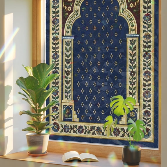 Double Arches Window Privacy Film, Vintage Traditional Blue Gold Floral Border Symmetrical Stained Glass Rainbow Film Decorative Window Clings, Static Cling Sun Blocking Stickers 17.7" x 39.3"