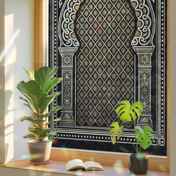 Double Arches Window Privacy Film, Vintage Traditional Gold Black Symmetrical Grid Texture Stained Glass Rainbow Film Decorative Window Clings, Static Cling Sun Blocking Stickers 17.7" x 39.3"