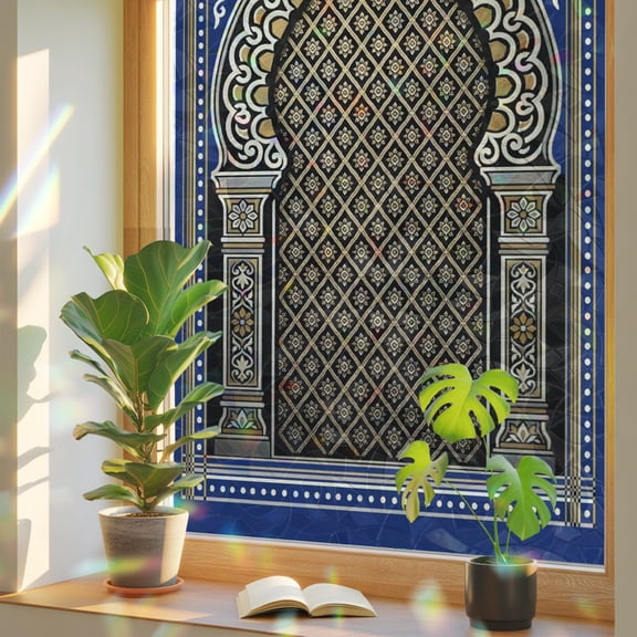 Double Arches Window Privacy Film, Vintage Traditional Gold Blue Symmetrical Grid Texture Stained Glass Rainbow Film Decorative Window Clings, Static Cling Sun Blocking Stickers 19.6" x 39.3"