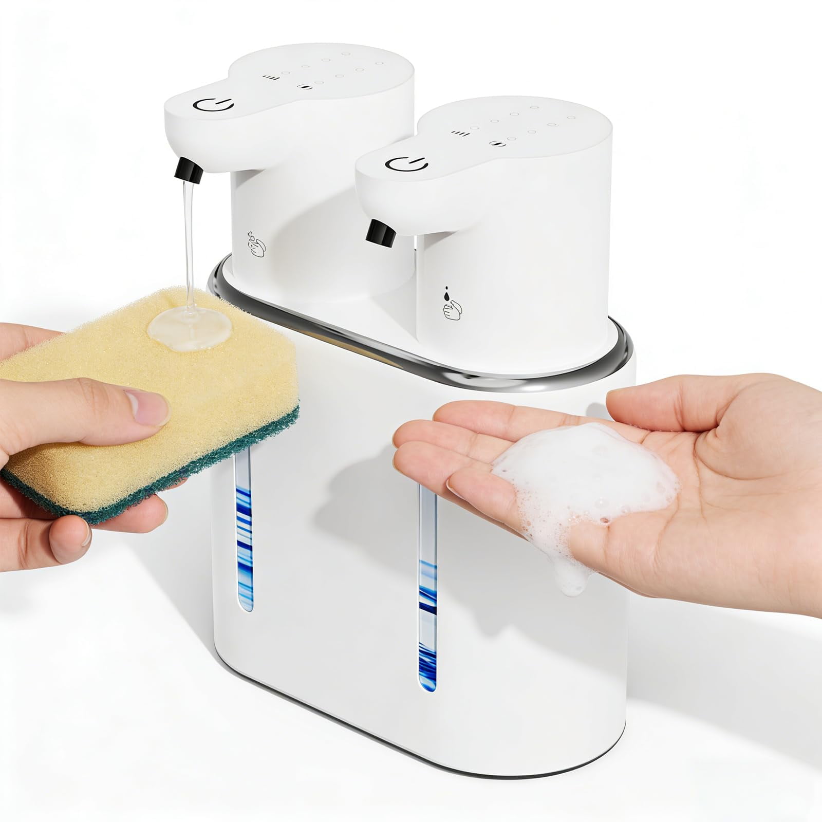 Double Automatic Soap Dispenser, 27oz Foaming and Liquid Soap Dispenser, 4-Level Adjustable Touchless Wall Mounted, USB Rechargeable IPX6 Waterproof Pump for Bathroom and Kitchen