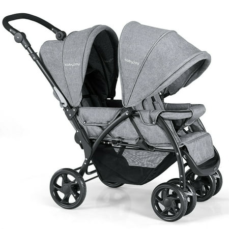 Double Baby Stroller Foldable Lightweight Front & Back Seats Pushchair Gray