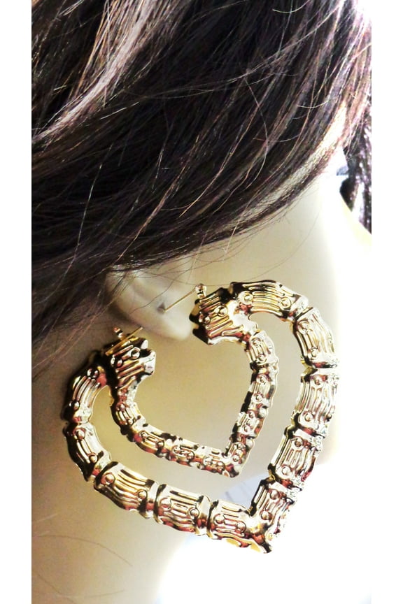 Double Bamboo Heart Hoop Earrings Gold Tone 3.5 inch