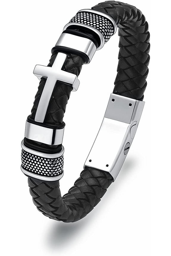 Double-Band Black Braided Leather Bangle Bracelets Cremation Jewelry for Ashes Wristband Memorial Urn Bangle with Cross Charm