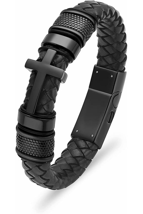 Double-Band Black Braided Leather Bangle Bracelets Cremation Jewelry for Ashes Wristband Memorial Urn Bangle with Cross Charm