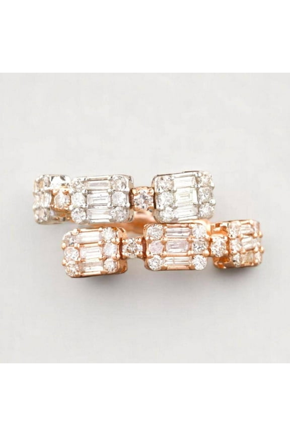 Double Band Diamond Ring In 14K Solid Gold, Baguette & Round Diamonds, Centre Open Ring With Natural Diamonds, Gift For Her