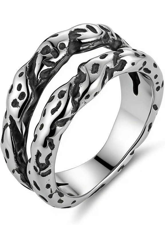 Double Band Intertwined Hammered Ring for Men Women, Stainless Steel Vintage Distressed Industrial Gothic Minimalist Ring, Statement Jewelry for Daily Wear Size 7-12