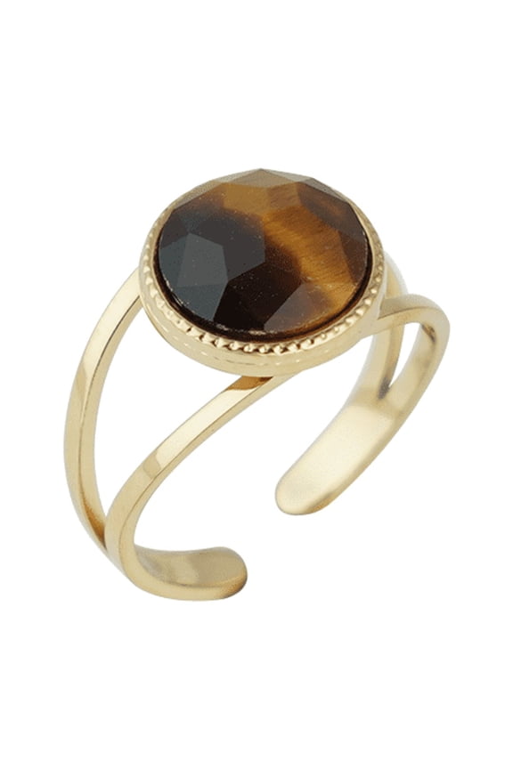 Double Band Tiger's Eye Ring for Women, Gold Plated Stainless Steel with Synthetic Stone Statement Jewelry Gift