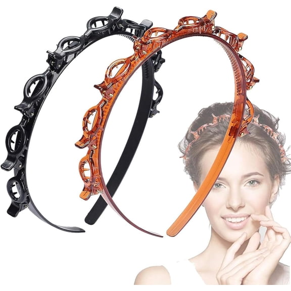 Double Bangs Hairstyle Hairpin 2pcs Twist & Clip Headband with Attached Clips, Korean Braided Hair Band, Non-Slip Double Layer Twist Plait Clip Headband for Women & Girls