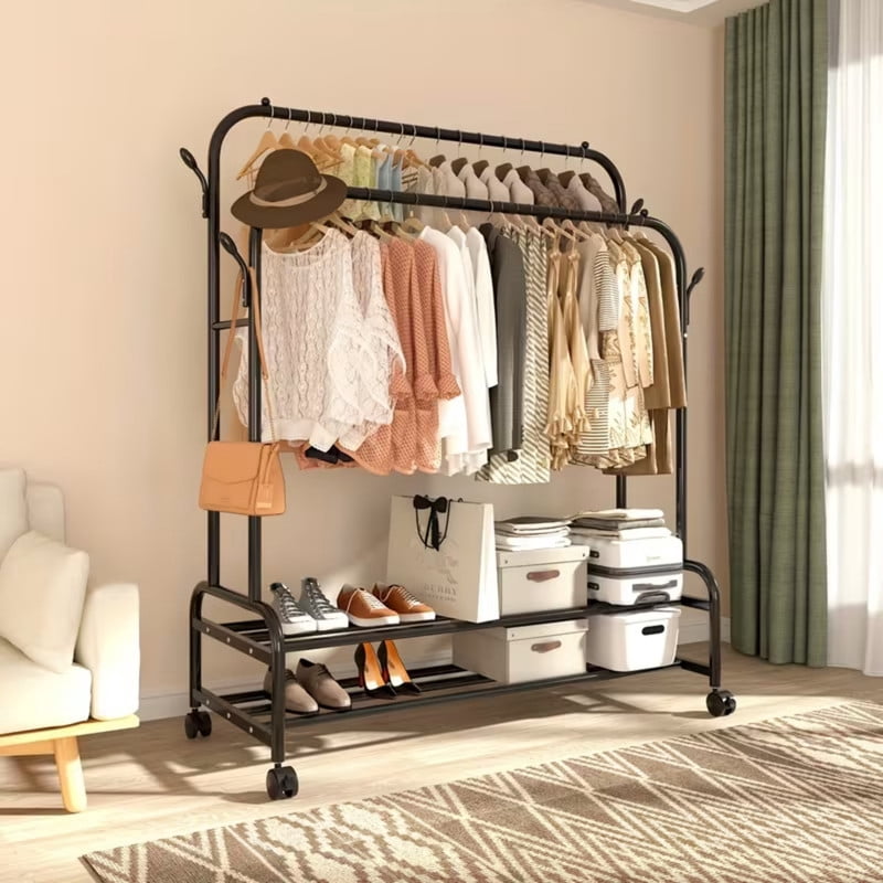 Double-Bar Metal Clothes Hanging Rack, Rolling Storage Shelf with Lockable Universal Wheel, Freestanding Garment Rack