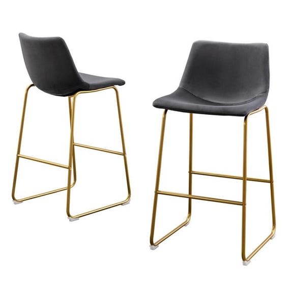 Double Bar Stools in Gray Velvet with Gold Chrome Base (Set of 2)