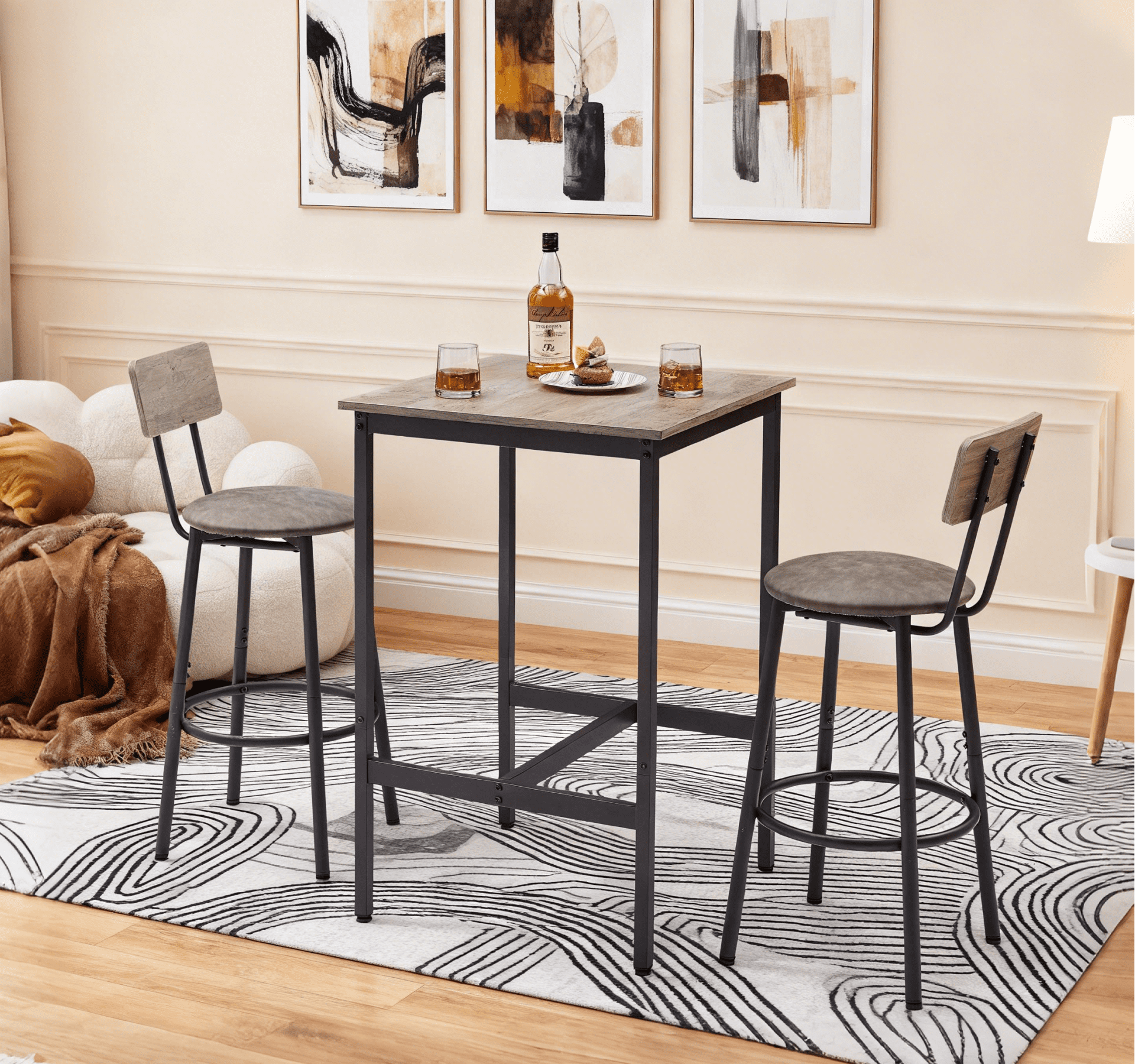 Double Bar Table Set, 3 Piece Pub Dining Table Set with 2 Bar stools PU ...