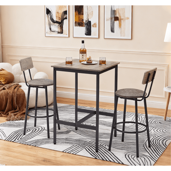 Double Bar Table Set, 3 Piece Pub Dining Table Set with 2 Bar stools PU Soft seat with backrest, Kitchen High Bar Table Set, For Living room, Dining room, Kitchen, Study, Bar ,Other places,Gray