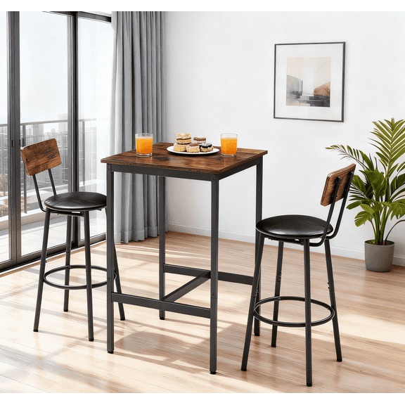 Double Bar Table Set, 3 Piece Pub Dining Table Set with 2 Bar stools PU Soft seat with backrest, Kitchen High Bar Table Set, For Living room, Dining room, Kitchen, Study, Bar ,Other places,Brown