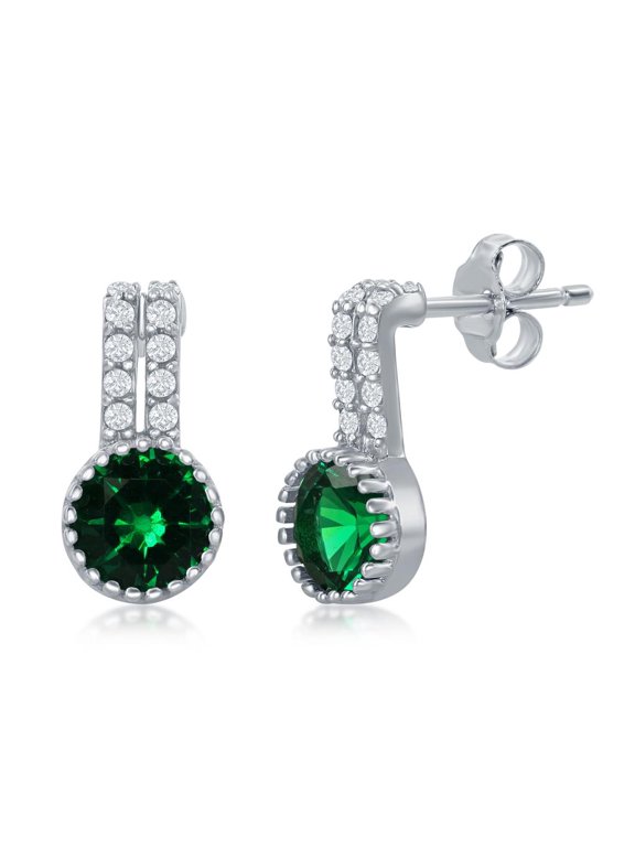 Double Bar with Created Emerald and White Simulated CZ Diamond Dangling Earrings Sterling Silver Jewelry for Women or Teens