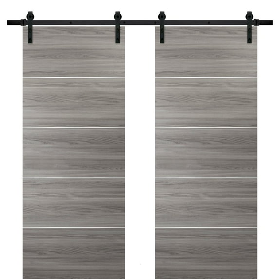 Double Barn Sliding Grey Doors 72 x 84 with 13FT Rails | Planum 0020 Ginger Ash | Heavy Top Mount Track Slider Set | Closet Modern Solid Core Doors
