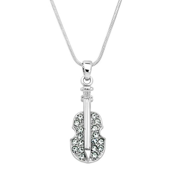 Double Bass Pendant Necklace Rhinestone Crystal Rhodium Plated 17 Inch Snake Chain J0570-CR