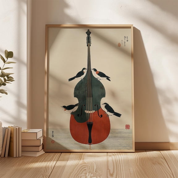 Double Bass Poster, Japanese Style Bird And Instrument Art Print, Minimal Music Wall Decor , Poster Print Only
