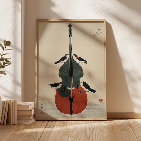 Double Bass Poster Japanese Style Bird And Instrument Art Print Minimal Music Wall Decor