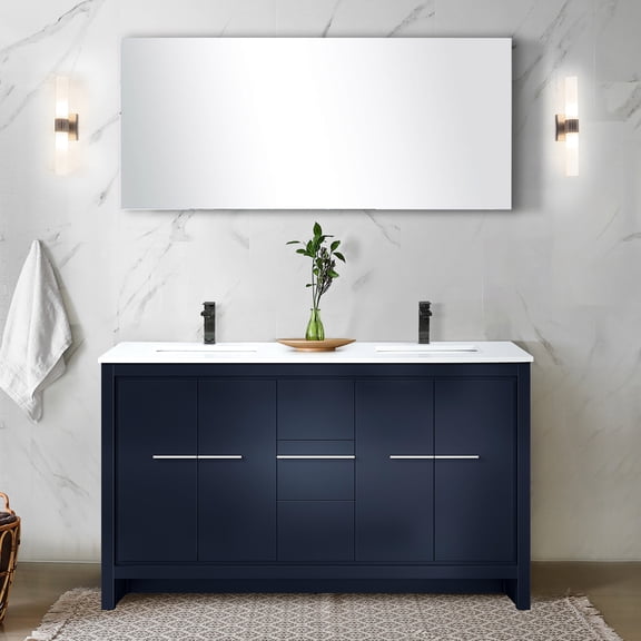 Double Bath Vanity 60 In. W X 20 D In Navy Blue, Cultured Marble Top, Metal Faucet, Soft Close And Abounding Storage Blue 60" Vanity, Faucet Included, Close, Three Drawers & Open Shelf For