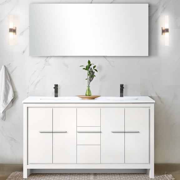 Double Bath Vanity 60 In. White, Cultured Marble Top, Metal Faucet, 55" H Mirror - And Scratch 60" W In White With Marble, Stain