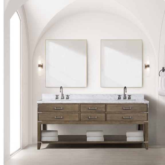 Double Bath Vanity, 80 in. W x 22 in. D Grey Oak Wood Bathroom Cabinet with Carrara Marble Top, Soft Close 4 Drawers, Open Shelf and Two 36 in. Mirrors for Master Bathroom Suite