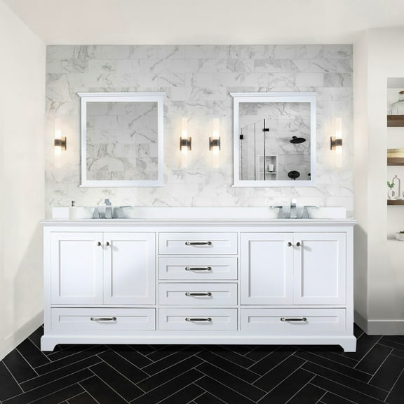 Double Bath Vanity 80x22, White Marble Top & Solid Wood Frame For Bathroom 80" With Surface Drawers