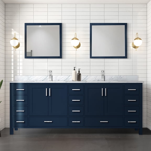 Double Bath Vanity, 84 in. W x 22 in. D, Navy Blue Wood Bathroom Cabinet with Carrara Marble Top, 14 Drawers, Soft Close Hinges, and Chrome Stainless Steel Faucet Set for Master Bath