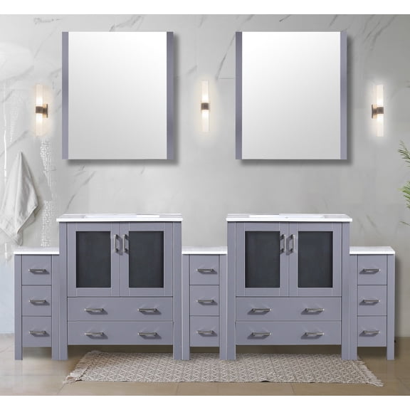 Double Bath Vanity, 96" W x 18.25" D Wood Bathroom Cabinet in Dark Grey, White Ceramic Top with 13 Drawers, Soft Close Side Cabinets and Two 28" W x 32" H Mirrors for Master Bath