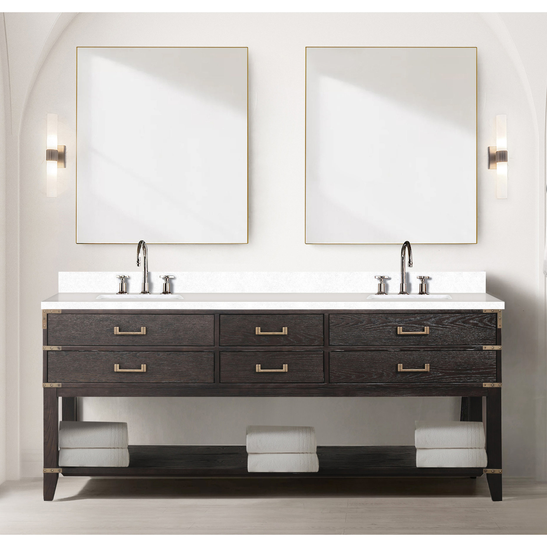 Double Bath Vanity in Brown Oak, 22 in. D with Polished White Quartz ...