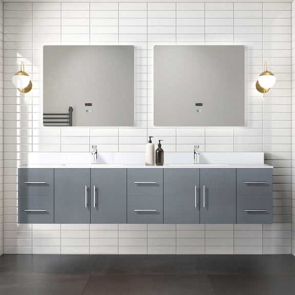 Double Bath Vanity Dark Grey 84 In. With White Quartz Top & Faucet - Luxury Feel W X 22 D And Scratch Stain