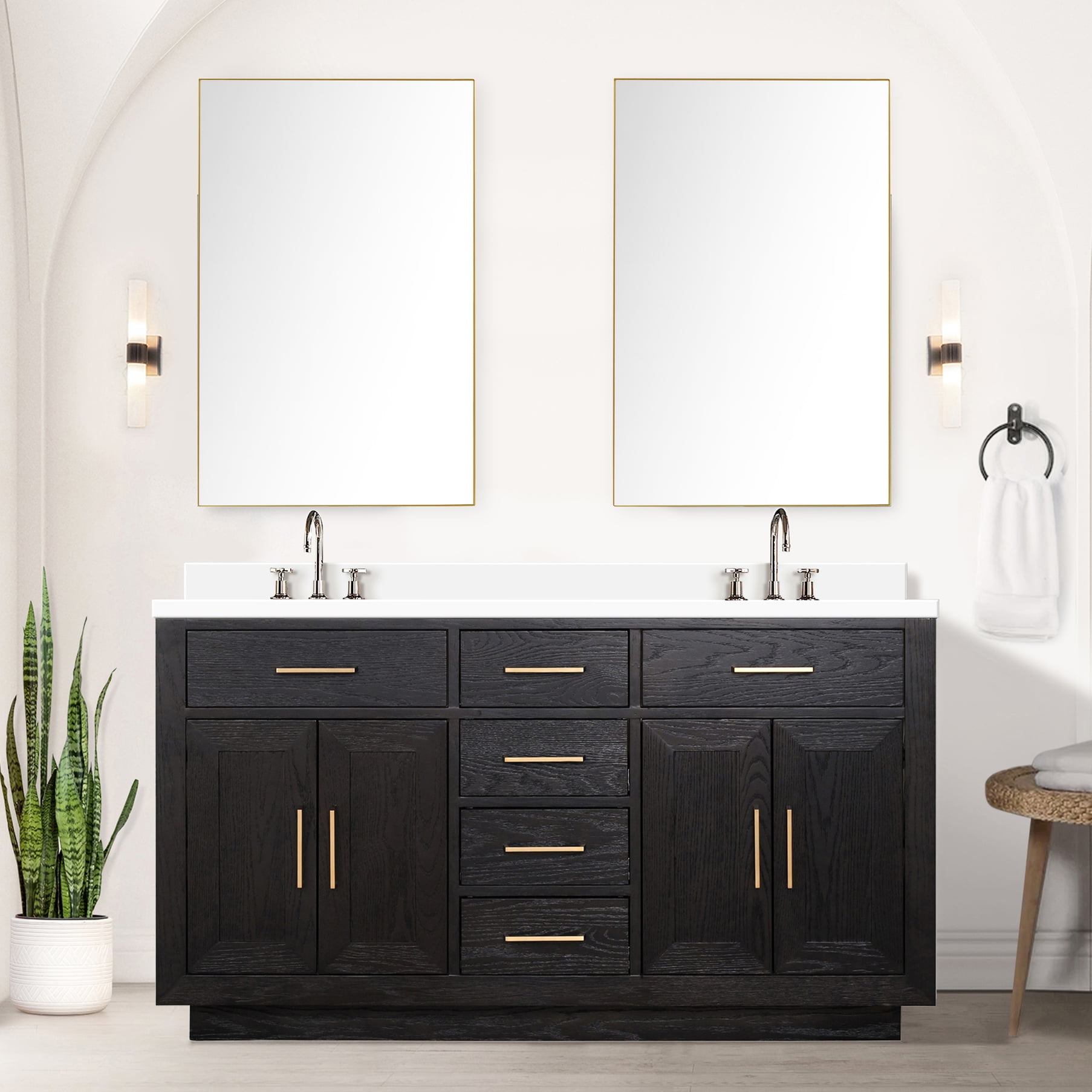 Double Bath Vanity In Black Oak - 60 In. W X 22 D, Quartz Top, 28 ...