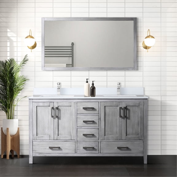Double Bath Vanity In Grey 60 In. X 22 In., White Quartz, Faucet, 58 Mirror - To Chemicals W D Distressed Vanity, And Contemporary