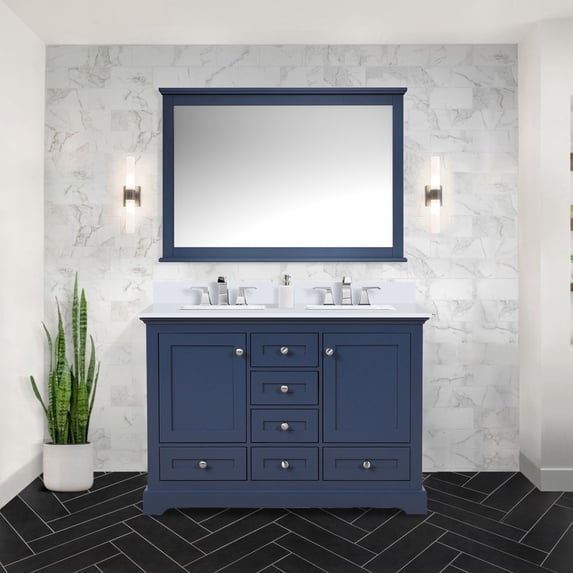 Double Bath Vanity In Navy Blue, With Cultured Marble And Spacious Interior Blue Countertop, Solid Construction, Storage
