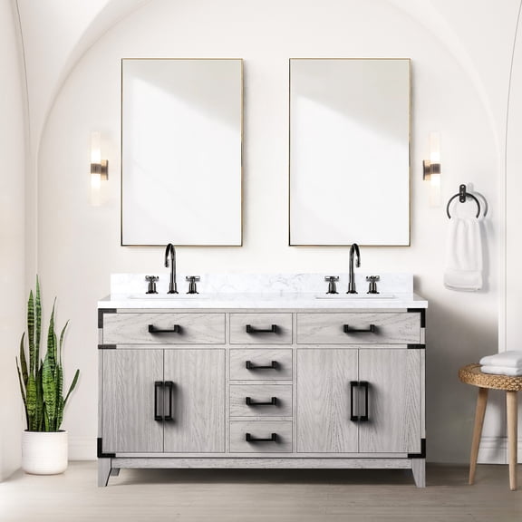 Double Bath Vanity Of White Oak With Marble Top And Fine Build 60 In. Material
