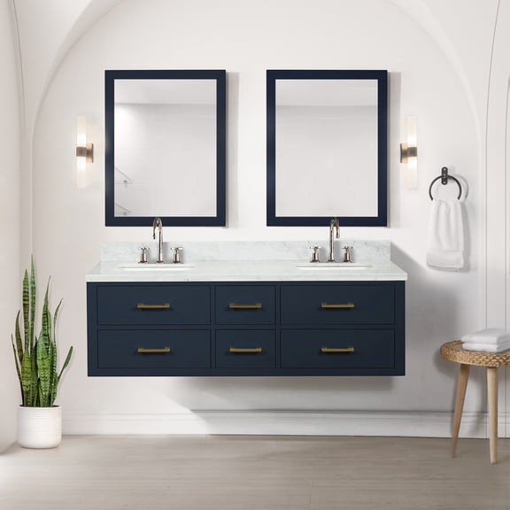 Double Bathroom Vanity, 60 in. W x 22 in. D, Blue Solid Wood Frame with Carrara Marble Top, Soft Close Drawers, Includes Chrome Gooseneck Faucets, for Master Bathroom Remodeling