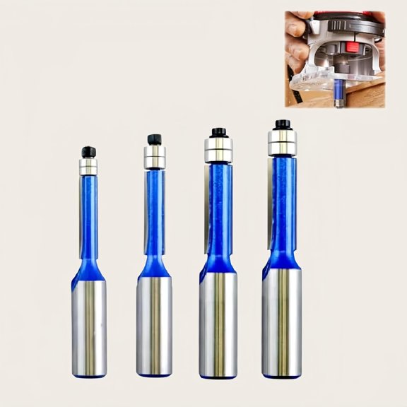 Double Bearing Flush Trim Router Bit,Blue Nano Coated Carbide,Angle Grinder Rod,Polishing Disc & Base Guide for Wood & Plywood