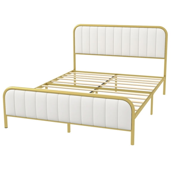 Double Bed, Metal Tube Vertical Gold Frame Bed, Velvet Upholstered Bed Frame with Headboard, Heavy Duty Platform Bed Frame, No Box Spring Required, Assembled Bed Frame,Noiseless, Queen, Off White