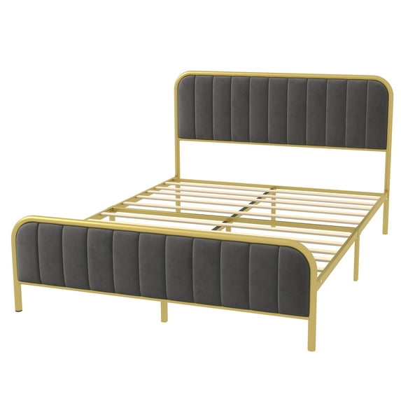 Double Bed, Metal Tube Vertical Gold Frame Bed, Velvet Upholstered Bed Frame with Headboard, Heavy Duty Platform Bed Frame, No Box Spring Required, Assembled Bed Frame,Noiseless, Full, Gray