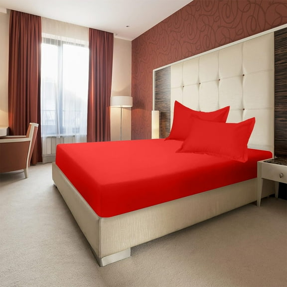 Double Bed Set, Fitted Sheet, Pillowcases, Non-Slip Fixed Bed Cover, All Inclusive Mattress Protection, Bed Cover, Soft Fiber, With Two Pillow Cases, Home Textile Set - Red