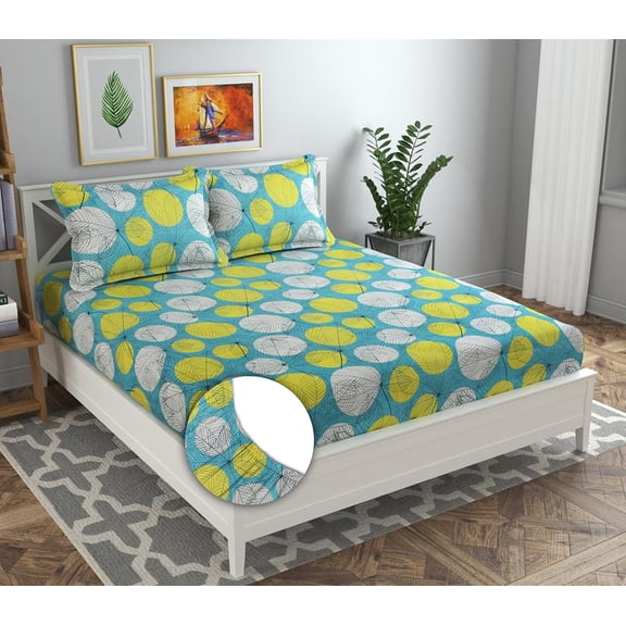 Double Bedsheet With 2 Matching Pillow Covers | 78x72+10 Inches, Sky Blue & Yellow - Soft Brushed Microfiber & Breathable & Wrinkle Free | All Round Elastic Fitted Bedsheet