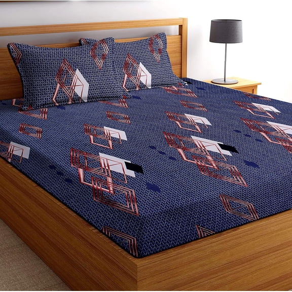 Double Bedsheet With 2 Matching Pillow Covers - 90 X 90 Inches, Dark Blue | 160 Thread Count Super Soft Glace Cotton Breathable & Wrinkle Free - 3 Pcs Set