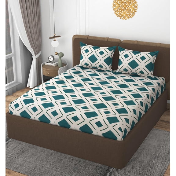 Double Bedsheet With 2 Pillow Covers Size 72 X 72 X 10 Inches, Cream & Green | Cotton Feel All Around Elastic Fitted - Queen Size Bedsheets, Super Soft
