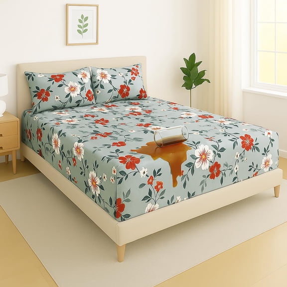 Double Bedsheet For King Size With 2 Pillow Covers - 78x72+10 Inches, Grey | Leakproof, Dustproof & Skin-Friendly - All Round Elastic Fitted Bedsheet