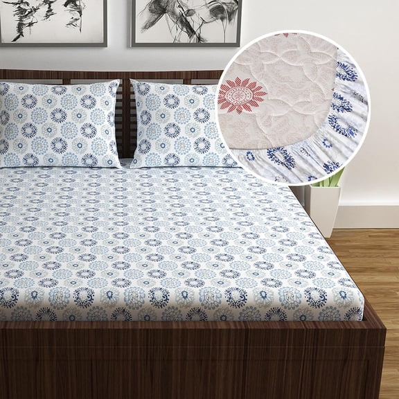 Double Bedsheet For Queen Size With 2 Pillow Covers - 60 X 78 Inches, Blue & Grey | All Around Elastic Fitted Soft, Lightweight & Breathable Cotton Bedsheet