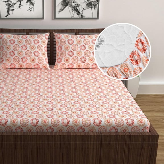 Double Bedsheet For Queen Size With 2 Pillow Covers - 60 X 78 Inches, White & Red Orange | All Around Elastic Fitted Soft, Lightweight & Breathable Cotton Bedsheet