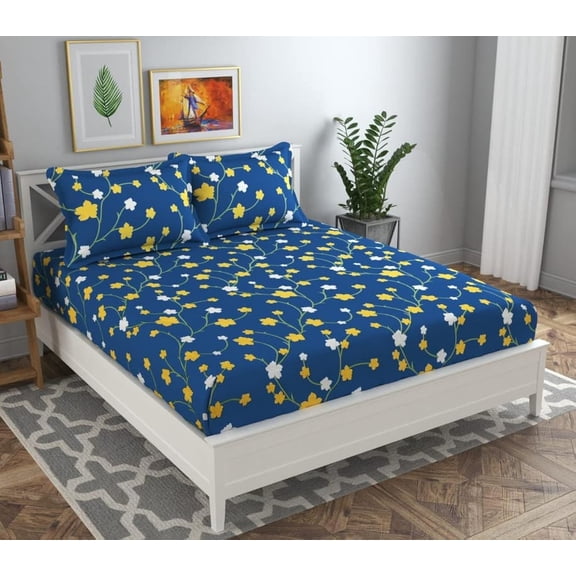 Double Bedsheet With 2 Matching Pillow Covers - 86 X 88 Inches, Dark Blue & Yellow | Soft Brushed Microfiber - Breathable & Wrinkle Free