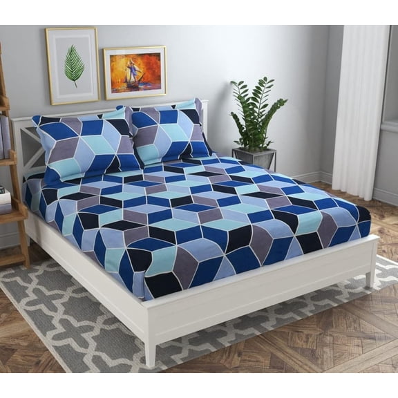 Double Bedsheet With 2 Pillow Covers - 86 X 88 Inch, Blue & Grey | Soft Brushed Microfiber-Breathable & Wrinkle Free Bedsheet