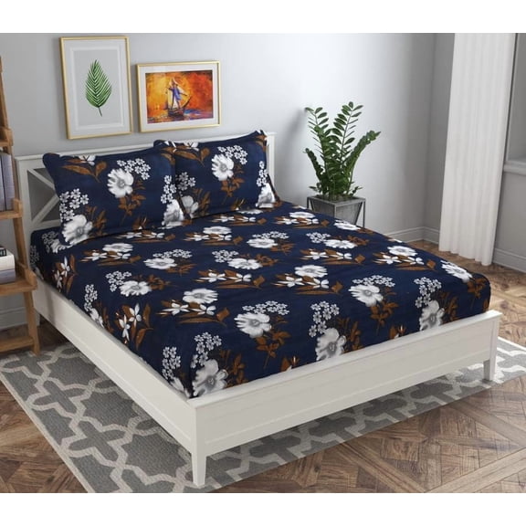 Double Bedsheet With 2 Pillow Covers - 86 X 88 Inch, Dark Blue | 120 Thread Count Soft Brushed Microfiber-Breathable & Wrinkle Free
